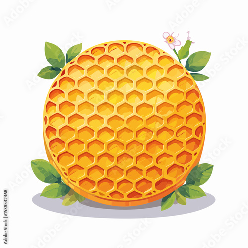 A vibrant illustration of a spherical honeycomb surrounded by fresh green leaves and a small flower.