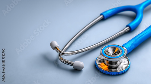Medical blue stethoscope close-up: Metallic sheen components with white-blue color blocking on light gray backdrop. Professional healthcare tool visual for educational materials, clinic promotions, or