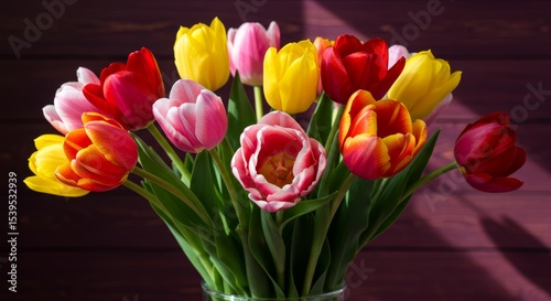 Wallpaper Mural Colorful Tulip Bouquet on Purple Wooden Background - Vibrant spring tulips symbolize love, hope, new beginnings, happiness, and perfect beauty. A stunning bouquet for any occasion Torontodigital.ca
