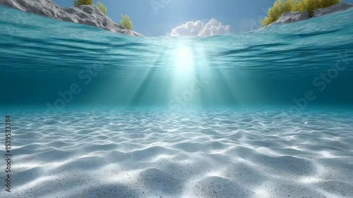 Underwater Paradise: The sun's radiant rays pierce through the tranquil turquoise waters. This photorealistic capture highlights the play of light on the ocean's sandy floor.