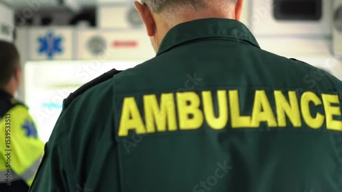 Close Up Inside an Ambulance Green Uniformed Paramedic with Yellow Lettering
