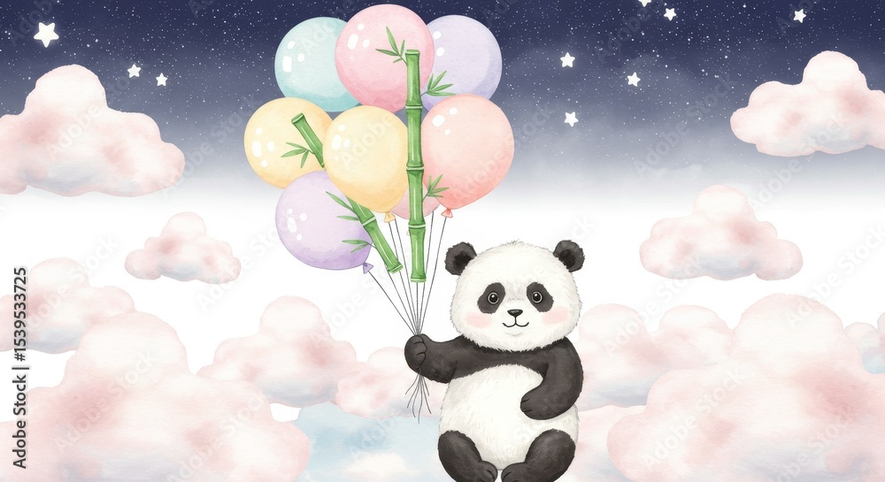 Fototapeta premium Panda's Watercolor Balloon Flight - A cute panda bear gently holds pastel bamboo balloons, floating amidst fluffy clouds under a starry night sky.