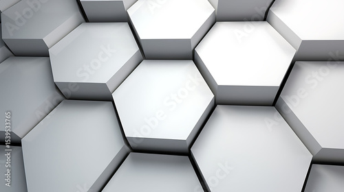 Futuristic wall of staggered white hexagons with clean shadow edges and a light grey underlying surface for subtle contrast
