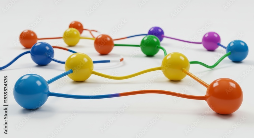 Obraz premium Colorful Network Connections - Abstract of interconnected colorful spheres representing network connections, communication, or data flow