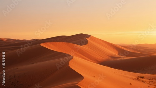 Desert dunes at sunset: orange-red sand ridges under warm gradient sky, conveying majestic solitude and twilight romance for travel promotions, film backgrounds, or wallpaper designs.