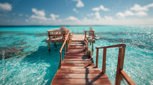Wooden dock stretching into turquoise waters, serene beach backdrop. Tranquil escape into nature's beauty.