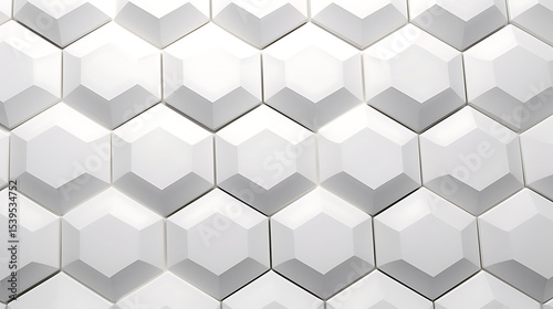 Luxury tiled white hexagon pattern with engraved lines between tiles, glossy ceramic finish and uniform full-frame symmetry