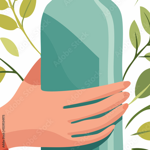 Flat vector illustration of a hand holding a reusable water bottle, symbolizing eco-conscious habits and sustainable living. Ideal for environmental and zero-waste themed designs.