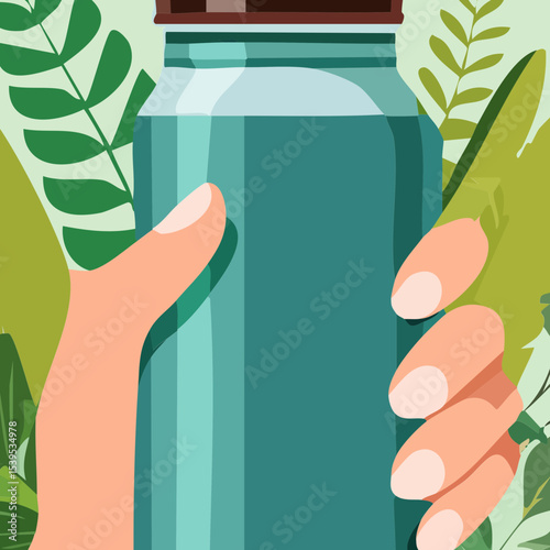 Flat vector illustration of a hand holding a reusable water bottle, symbolizing eco-conscious habits and sustainable living. Ideal for environmental and zero-waste themed designs.