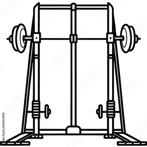 A squat rack with barbell and weights, isolated on white background