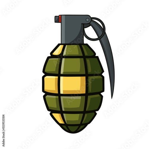a military hand grenade with a green and yellow segmented body, black safety pin, and gray handle/lever mechanism.