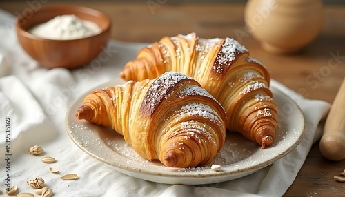 Delicious croissants with sugar powder on plate bakery pastry food item