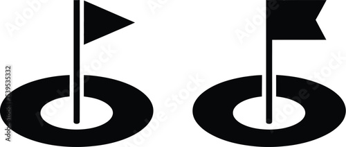 Two black golf hole icons with flags on a white background vector art