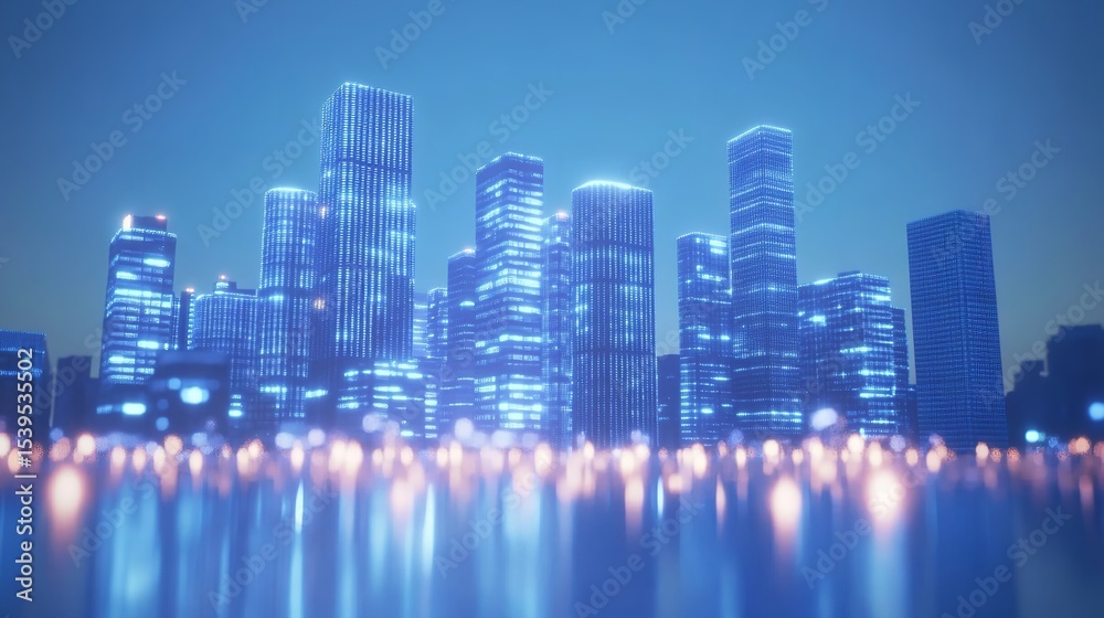 Fototapeta premium Modern city skyline, futuristic architecture, waterfront, sunny day, urban development, architectural rendering