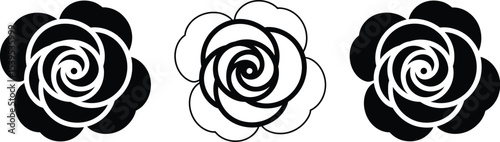 Three rose flower outlines in black and white on a white background