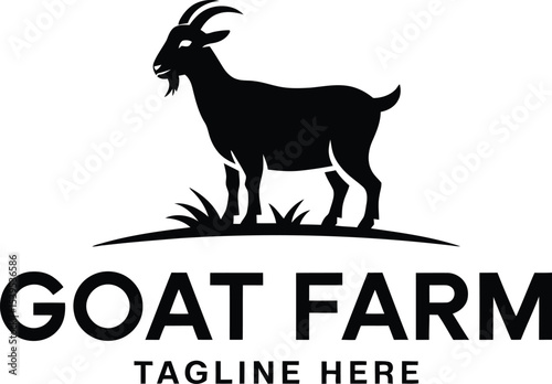 Silhouette of a goat standing on grass on top of goat farm text logo