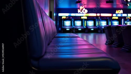 Bowling Alley with Neon Lighting Seats Lanes in Dark Purple and Blue Interior