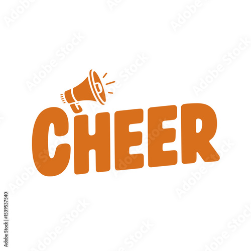 Modern cheer text design with megaphone, Playful orange "CHEER" typography with a megaphone icon, representing fun, excitement, and team spirit in a modern style.

