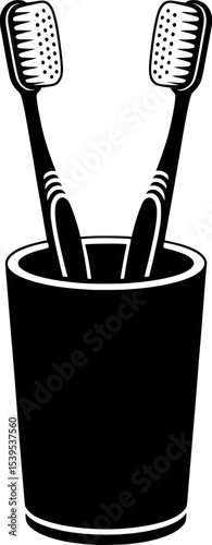 High-contrast black and white silhouette of toothbrush holder with brushes, abstract hygiene concept, ideal for dental care designs, bathroom decor, and wellness branding