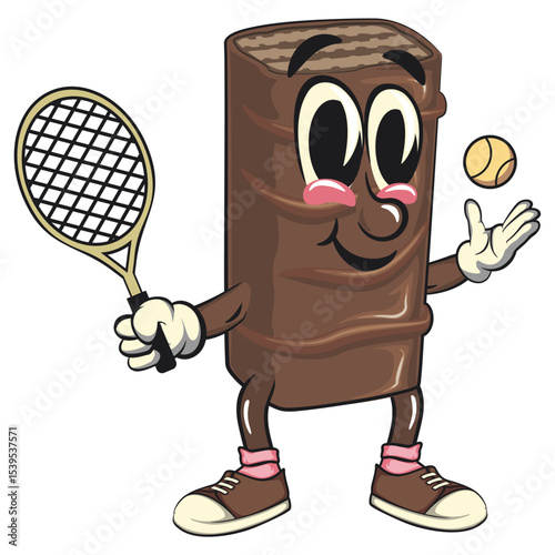 chocolate wafer cartoon mascot playing tennis, high-resolution isolated vector snack character illustration, perfect for dessert branding, or educational materials, work of hand drawn