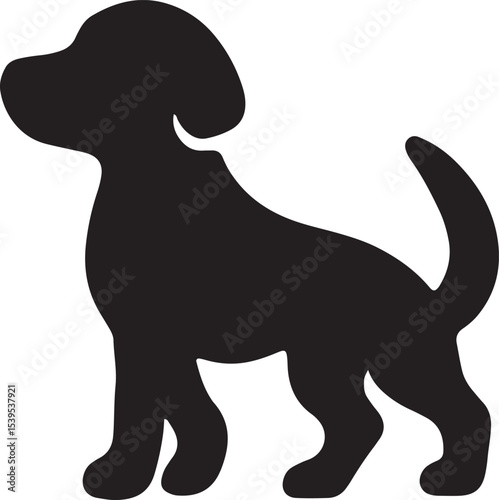 Black silhouette of a standing dog with a wagging tail, perfect for joyful pet designs, canine illustrations, or logos, offering a lively and engaging image for commercial or pet-related projects