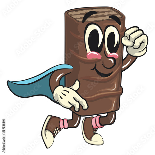 chocolate wafer cartoon mascot as flying superhero wearing a robe, high-resolution isolated vector snack character illustration, perfect for dessert branding, work of hand drawn