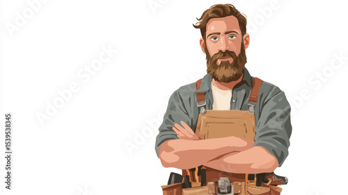 A vector illustration of a man with a beard wearing a brown apron and tool belt. His arms are crossed. The style is somewhat cartoonish or stylized, with a flat, clean look. 