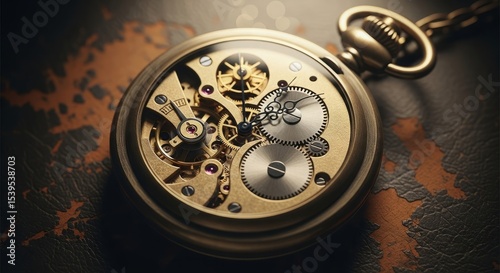 Close-up of a vintage pocket watch mechanism revealing intricate gears and inner workings on a textured surface.