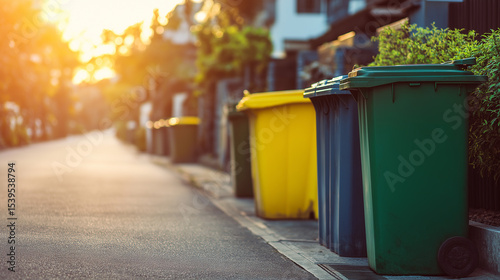 Colorful trash and recycling bins lined up in a suburban neighborhood at sunset.
