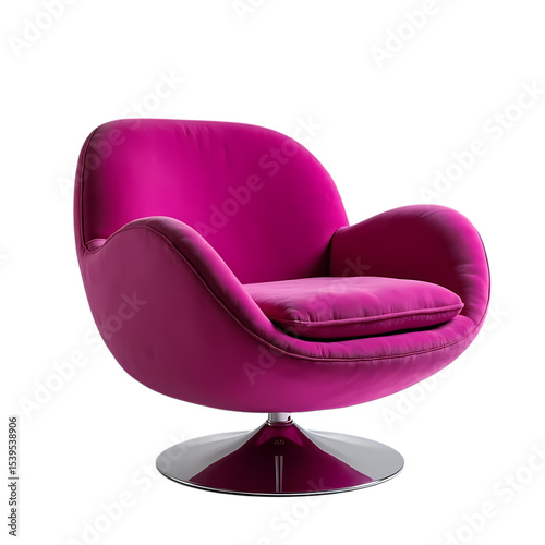 Isolated pink velvet swivel chair with metal base on black isolated on transparent background