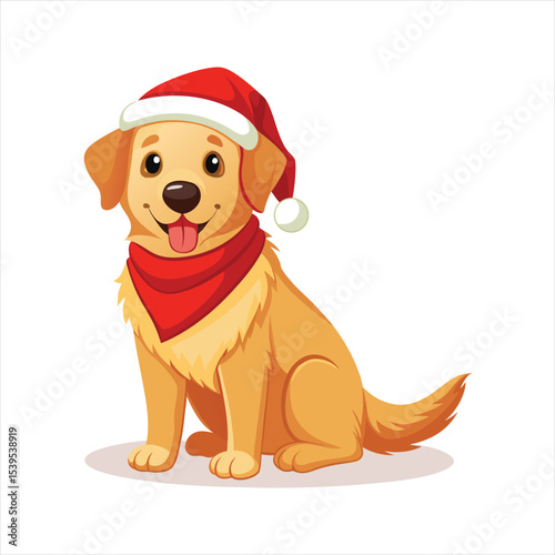 Christmas Golden Retriever Puppy with Santa Hat and Red Scarf