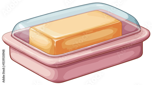A digital illustration depicting a rectangular pink butter dish with a transparent plastic lid. Inside the dish, a rectangular stick of pale yellow butter is visible. The style is simple and clean,