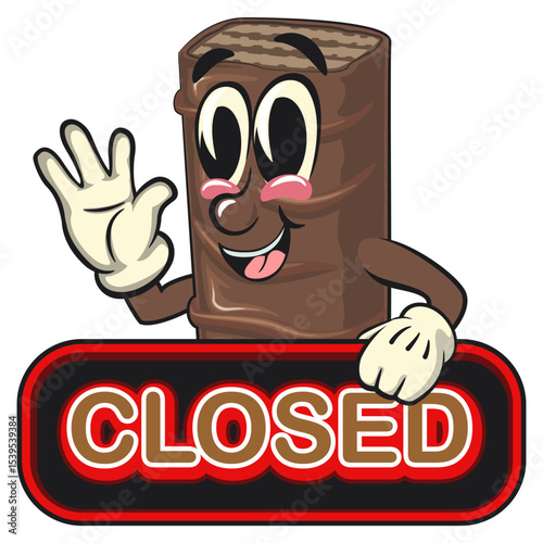chocolate wafer cartoon mascot showing a sign that says closed, high-resolution isolated vector snack character illustration, perfect for dessert branding, or educational materials, work of hand drawn