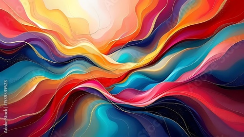 Abstract flowing gradients with glossy reflections and fractal edges, forming dynamic color harmonies as if dancing to music. Ideal for modern art, motion design, or digital backgrounds