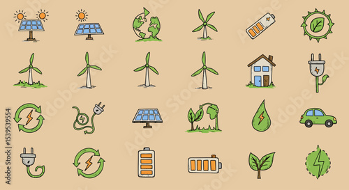 Green Energy Icon Grid – Flat Vector Symbols of Sustainability & Renewable Technologies