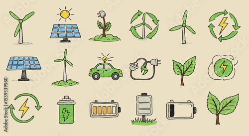 Green Energy Icon Grid – Flat Vector Symbols of Sustainability & Renewable Technologies
