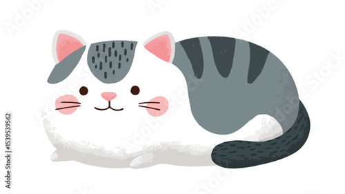 Digital illustration of a cartoon cat. The cat is depicted in a simplified, cute style with a predominantly white body and grey stripes on its back and tail.  The cat has pink ears and cheeks and
