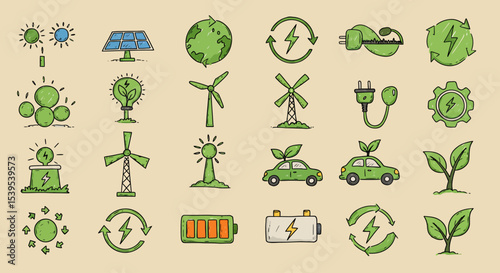 Green Energy Icon Grid – Flat Vector Symbols of Sustainability & Renewable Technologies