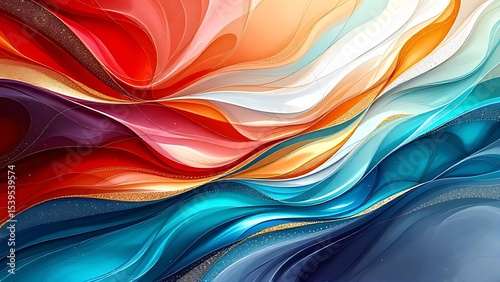 Abstract flowing gradients with glossy reflections and fractal edges, forming dynamic color harmonies as if dancing to music. Ideal for modern art, motion design, or digital backgrounds