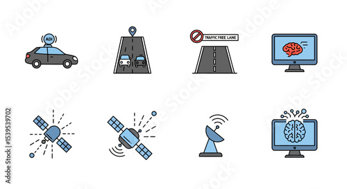 Smart Mobility & AI Navigation Icon Set – Flat Symbols for GPS, Traffic & Communication Tech