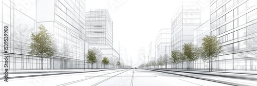 Architectural sketch of a city street with buildings and trees