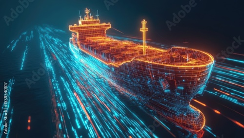 Futuristic cargo ship, digitally rendered, orange and blue lines, high-speed, glowing