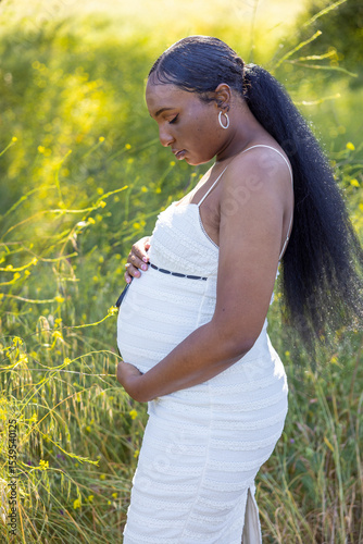 In a serene summer scene, a joyful pregnant woman embraces her baby bump outdoors, surrounded by greenery and flowers, radiating warmth, happiness, and anticipation of new beginnings