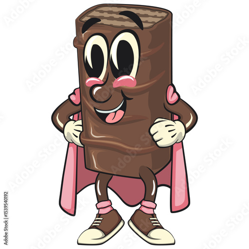 superhero cute chocolate wafer cartoon mascot, high-resolution isolated vector snack character illustration, perfect for dessert branding, or educational materials, work of hand drawn