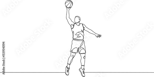 Basketball player dunking line drawing, minimal sketch sports art, athlete jump shot, modern basketball design, black and white outline, isolated illustration for creative concept use.