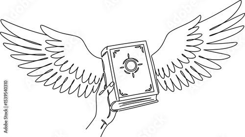 Flying book with wings vector illustration, hand holding magical book, spiritual knowledge concept, freedom of education line art, mystical literary art symbol, black and white design.