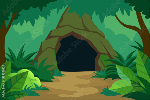 Jungle cave entrance with lush foliage