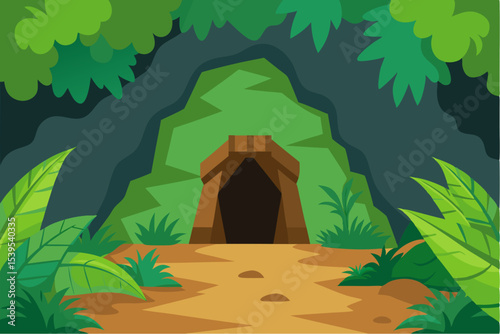 Jungle cave entrance with lush foliage