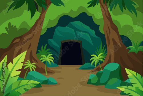 Mysterious cave entrance in lush tropical jungle