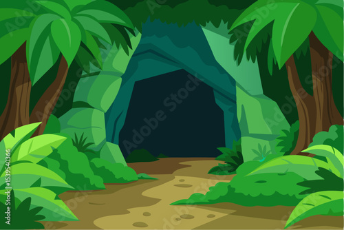 Jungle cave entrance lush tropical foliage